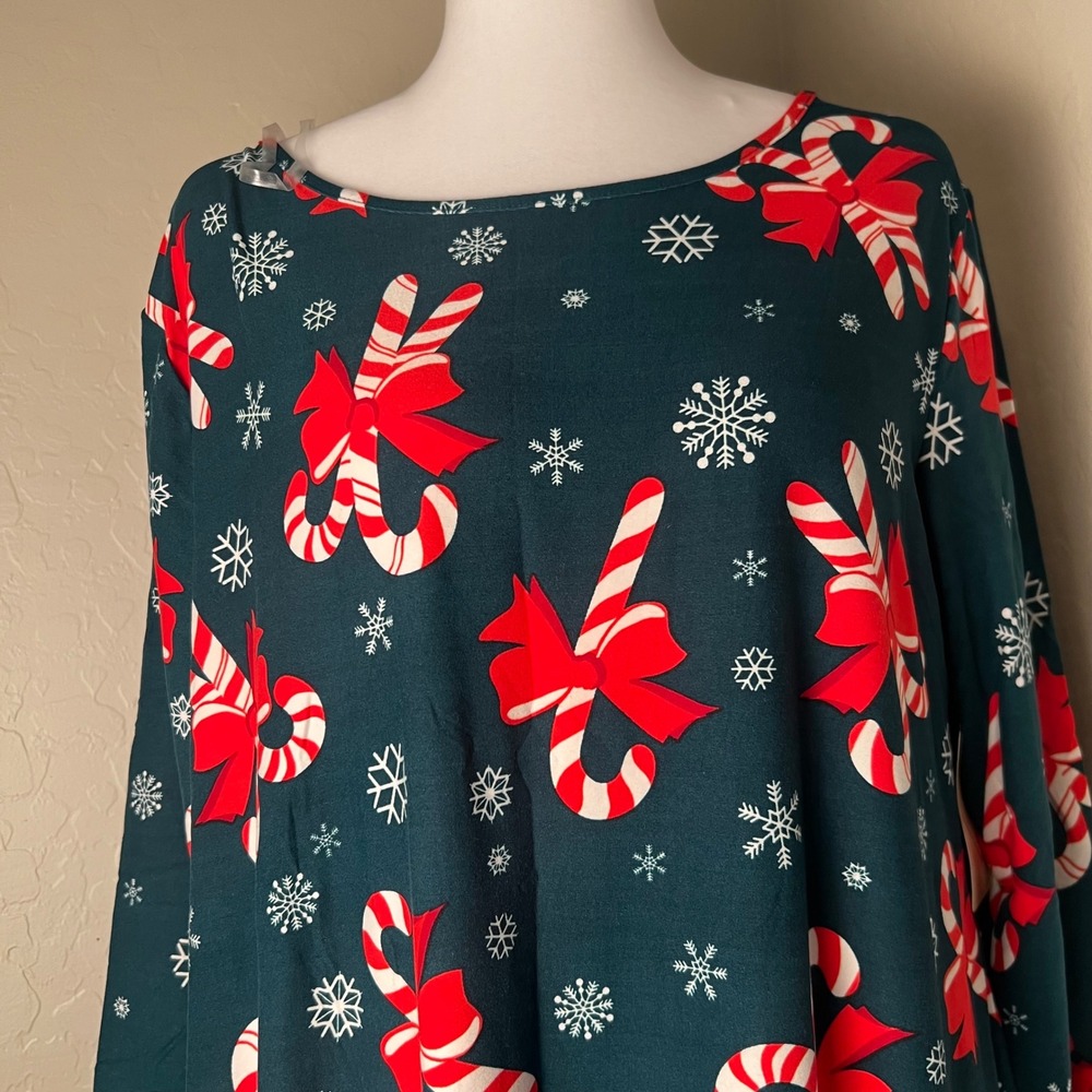 St Johns Bay Womens Green Candy Cane Snowflake Christmas Swing Dress Large